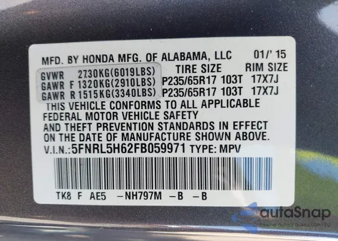 2015 Honda Odyssey Ex-L z USA, uszkodzony, nr VIN 5FNRL5H62FB059971